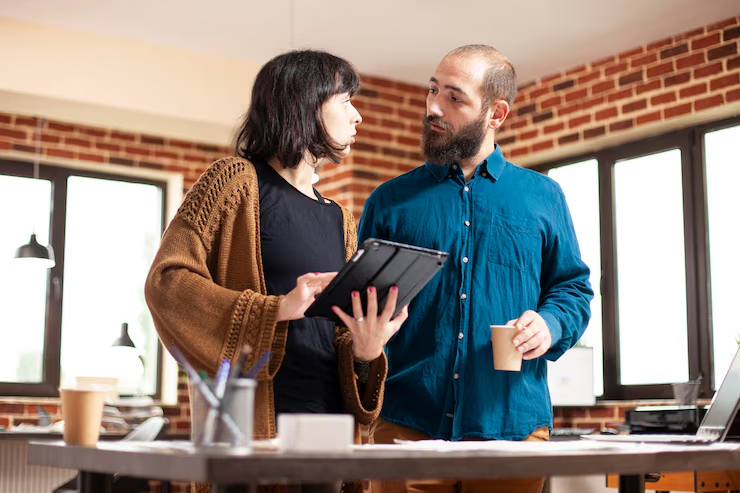 Business professionals discussing strategy